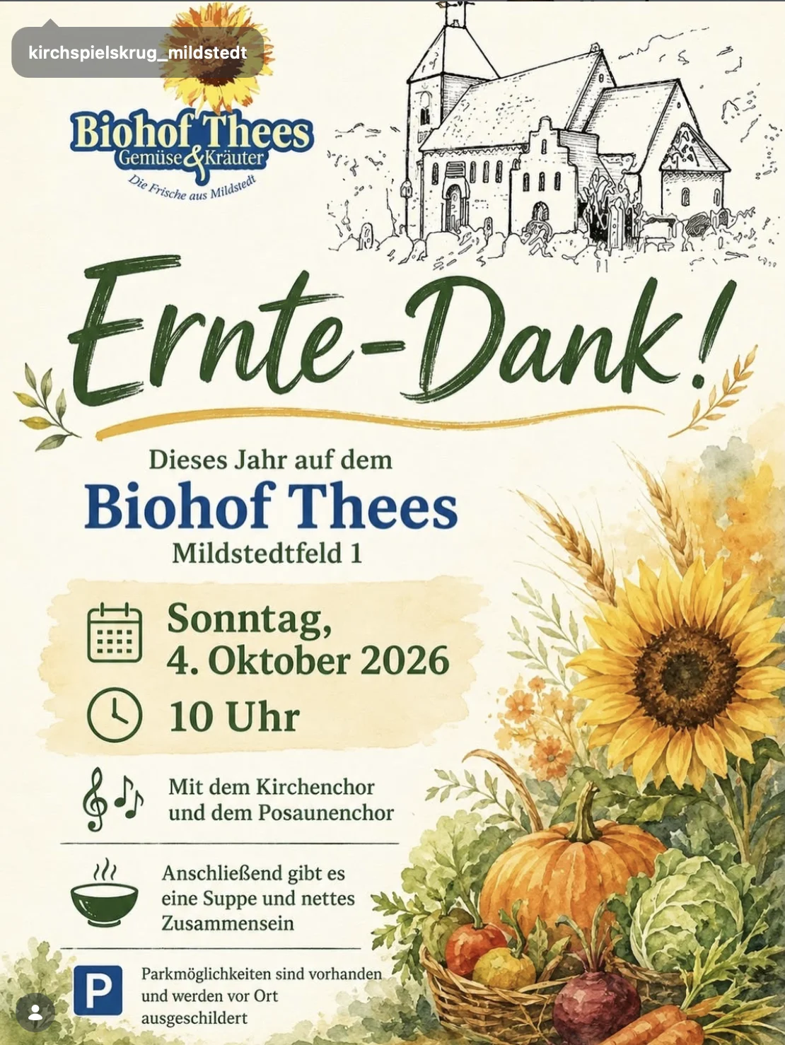 Erntedank: Gottesdienst, Musik und Suppe auf dem Biohof Thees